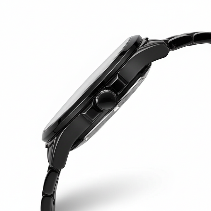 Close-up of a black smartwatch on a white background
