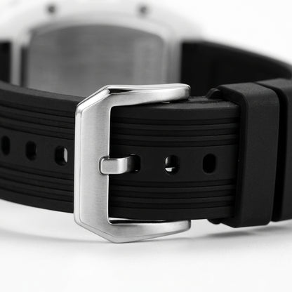 Close-up of a black watch strap with a silver buckle on a white background