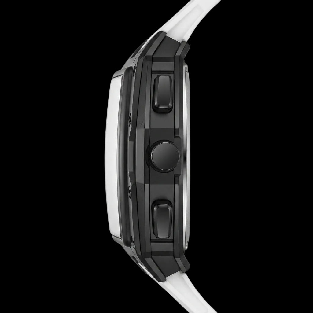 Close-up of a black and white watch on a white background