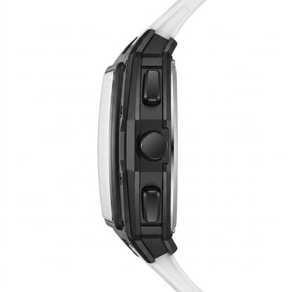 Close-up of a black and white watch on a white background