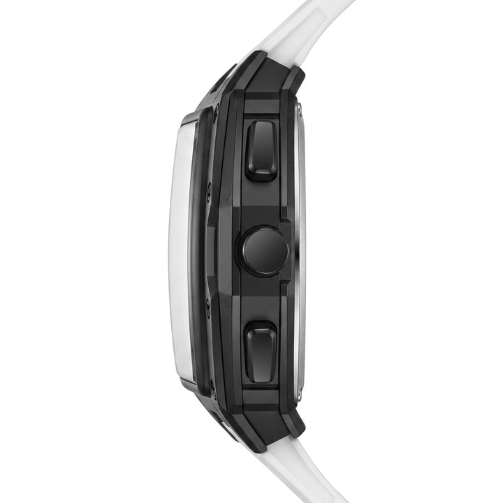 Close-up of a black and white watch on a white background