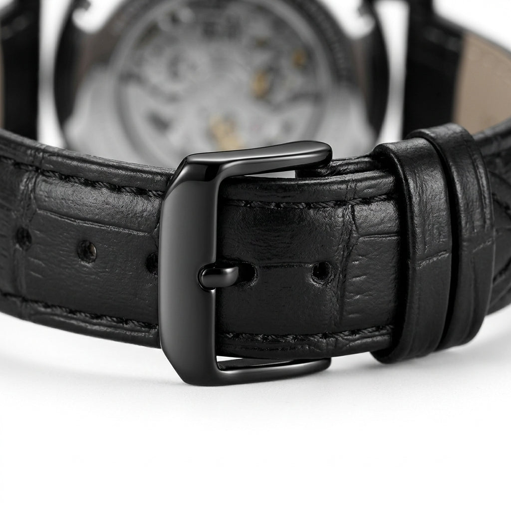 Close-up of a black leather watch strap with a metallic buckle on a white background