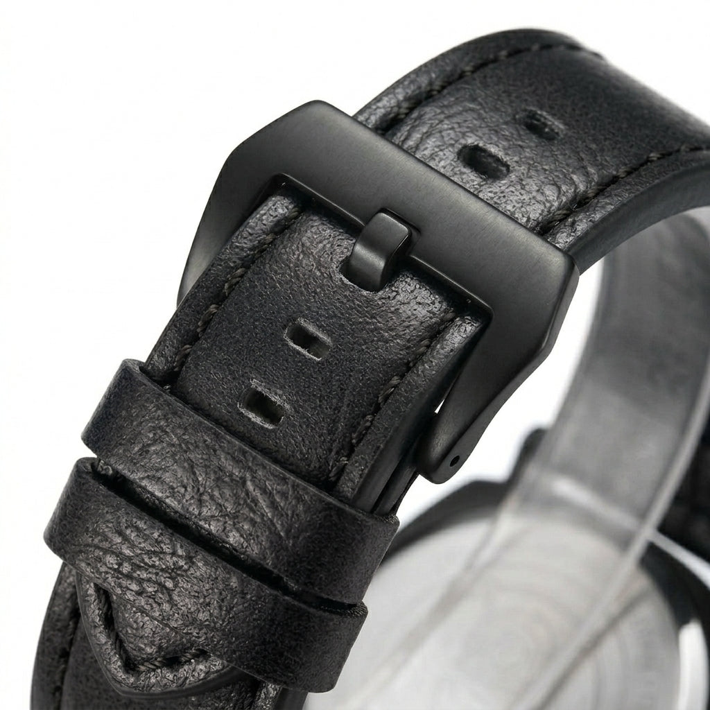 Close-up of a black leather watch strap with buckle on a white background