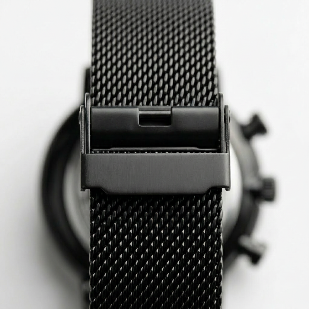 Close-up of a black mesh watch strap with &