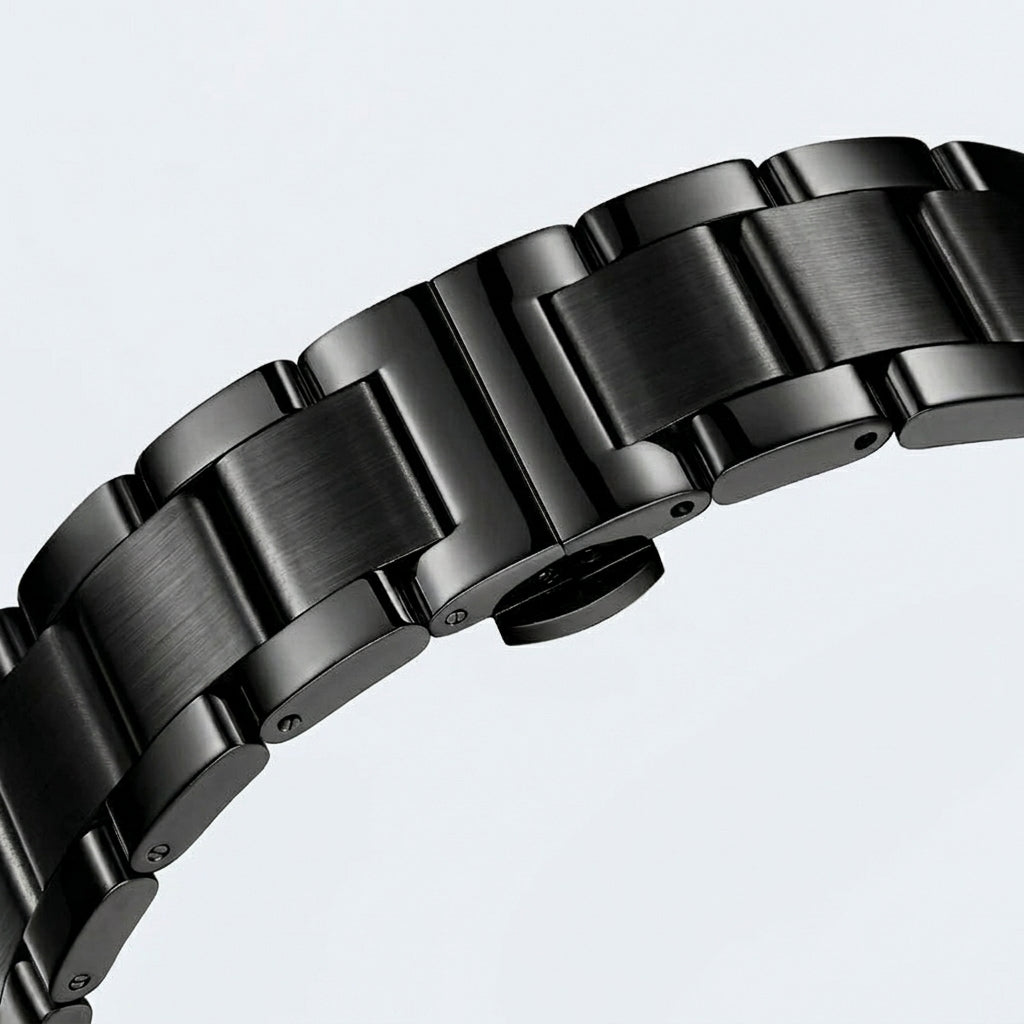 Close-up of a black metal watch strap on a light gray background