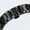 Close-up of a black metal watch strap on a light gray background