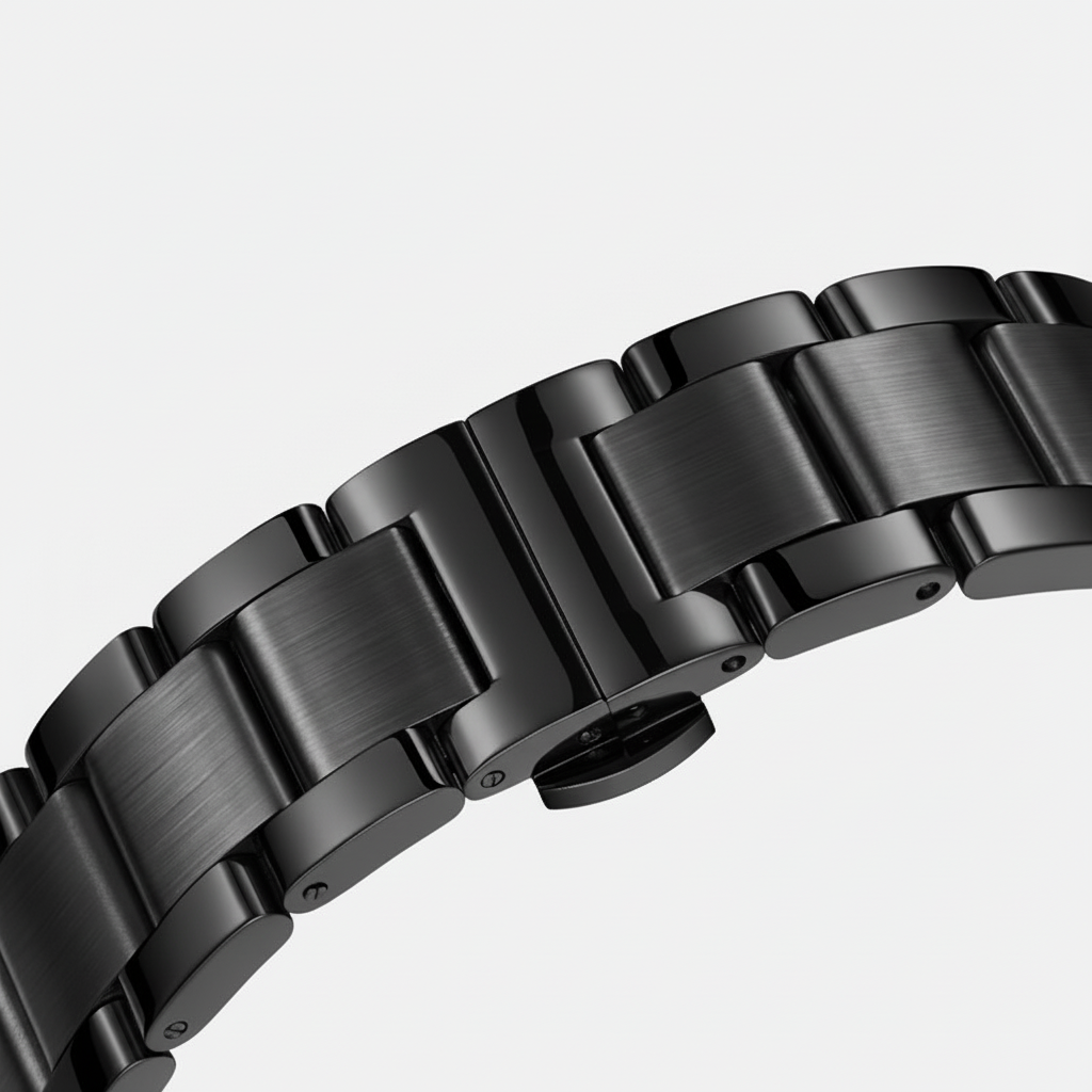 Close-up of a black metal watch strap on a light gray background