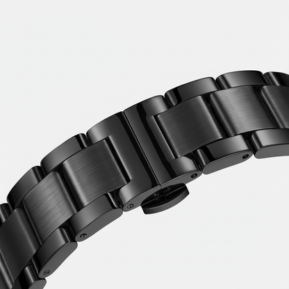 Close-up of a black metal watch strap on a light gray background