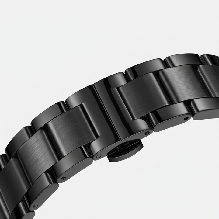 Close-up of a black metal watch strap on a light gray background