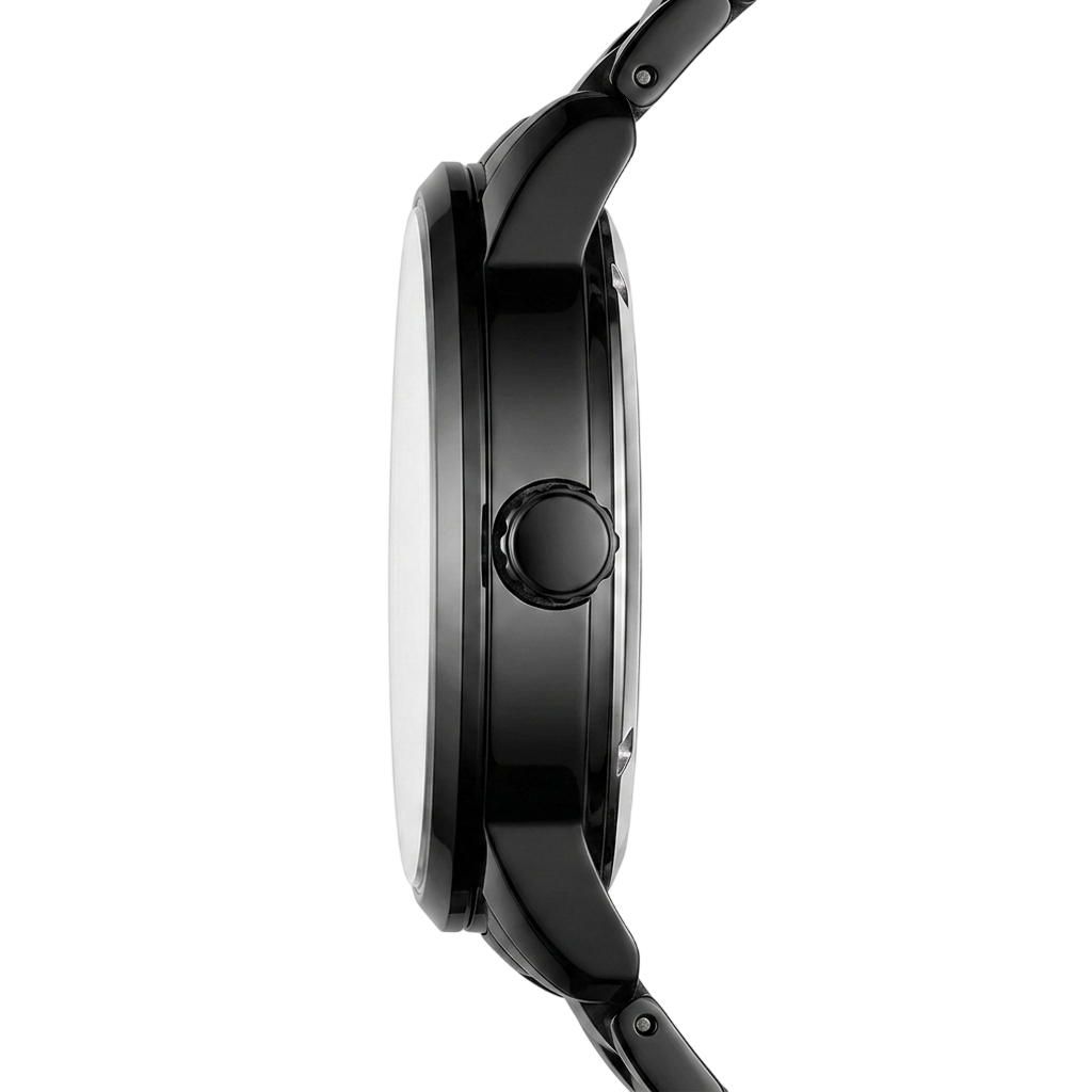 Close-up of a black smartwatch on a white background
