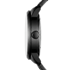 Close-up of a black smartwatch on a white background