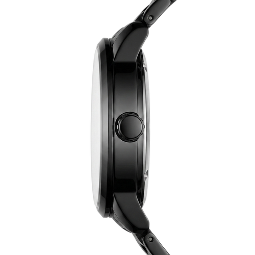 Close-up of a black smartwatch on a white background