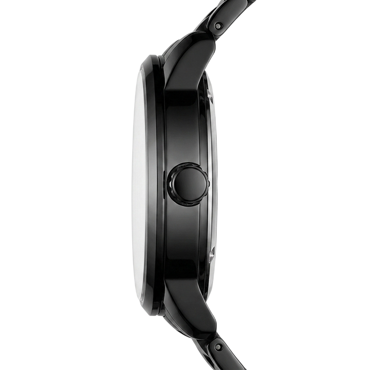 Close-up of a black smartwatch on a white background