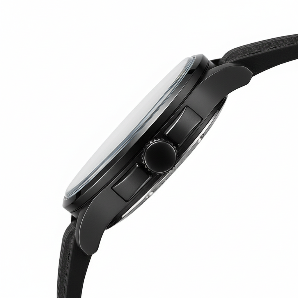 Close-up of a black smartwatch on a white background