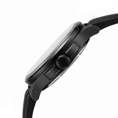 Close-up of a black smartwatch on a white background