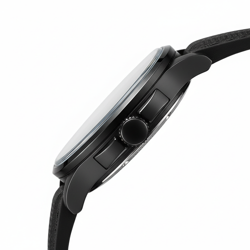 Close-up of a black smartwatch on a white background