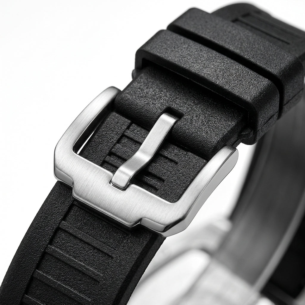 Close-up of a black watch strap with a silver buckle on a white background