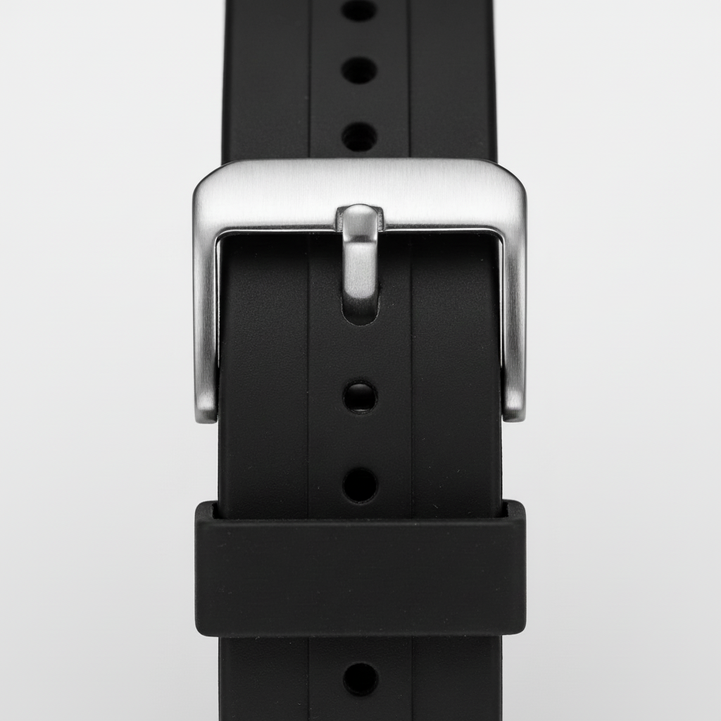 Close-up of a black watch straap with a silver buckle on a light gray background