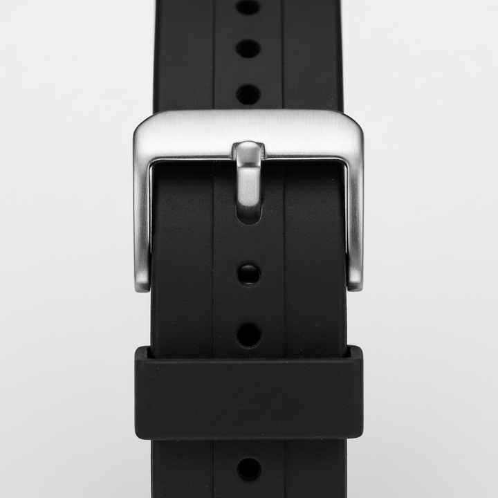 Close-up of a black watch straap with a silver buckle on a light gray background