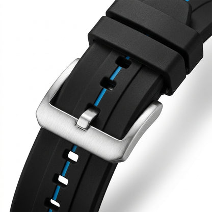 Close-up of a black watch strap with a silver buckle on a white background