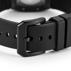 Close-up of a black watch strap with a buckle on a white background