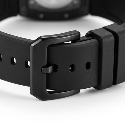 Close-up of a black watch strap with a buckle on a white background