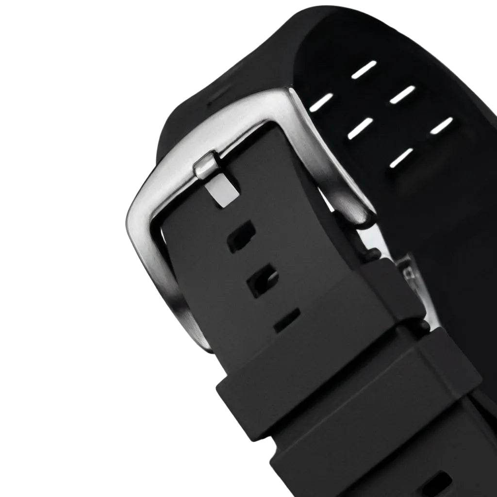 Close-up of a black watch strap with a silver buckle on a light gray background