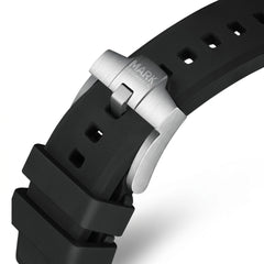 Close-up of a black watch strap with a silver clasp on a white background