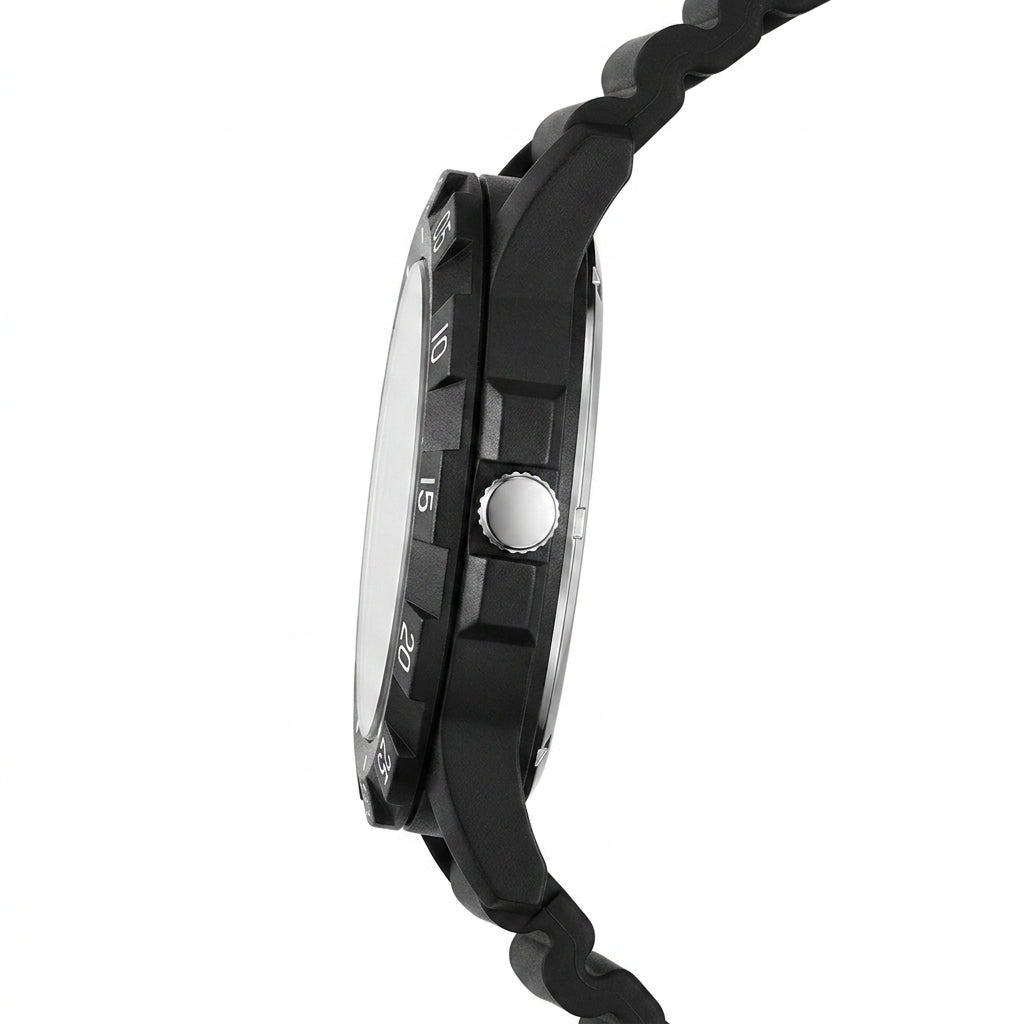 Close-up of a black watch with a white background