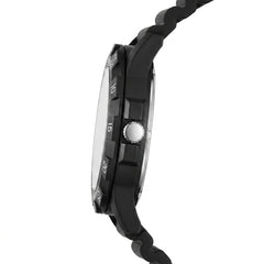 Close-up of a black watch with a white background