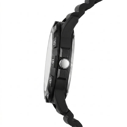 Close-up of a black watch with a white background
