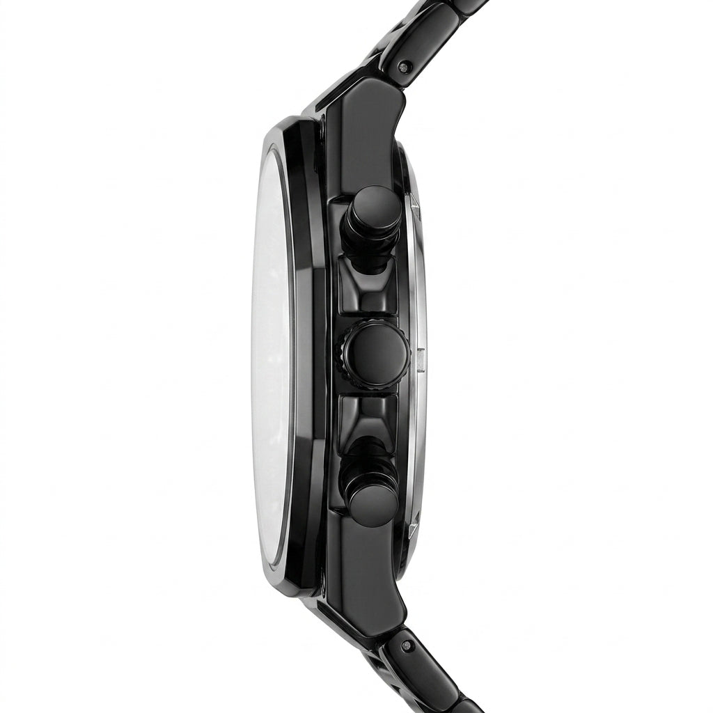 Close-up of a black watch with detailed design on a white background