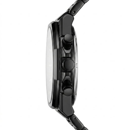 Close-up of a black watch with detailed design on a white background