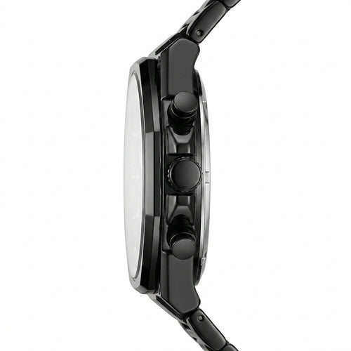 Close-up of a black watch with detailed design on a white background