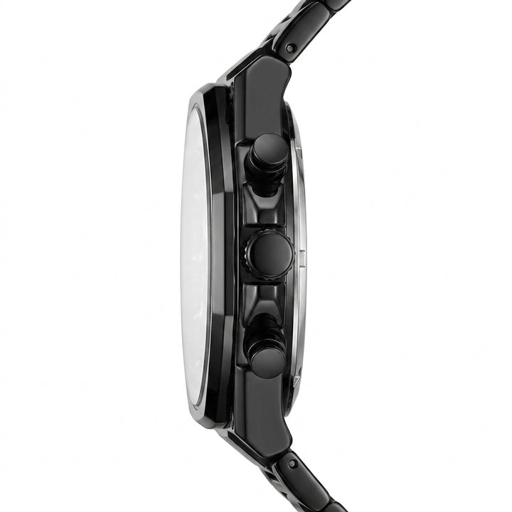 Close-up of a black watch with detailed design on a white background