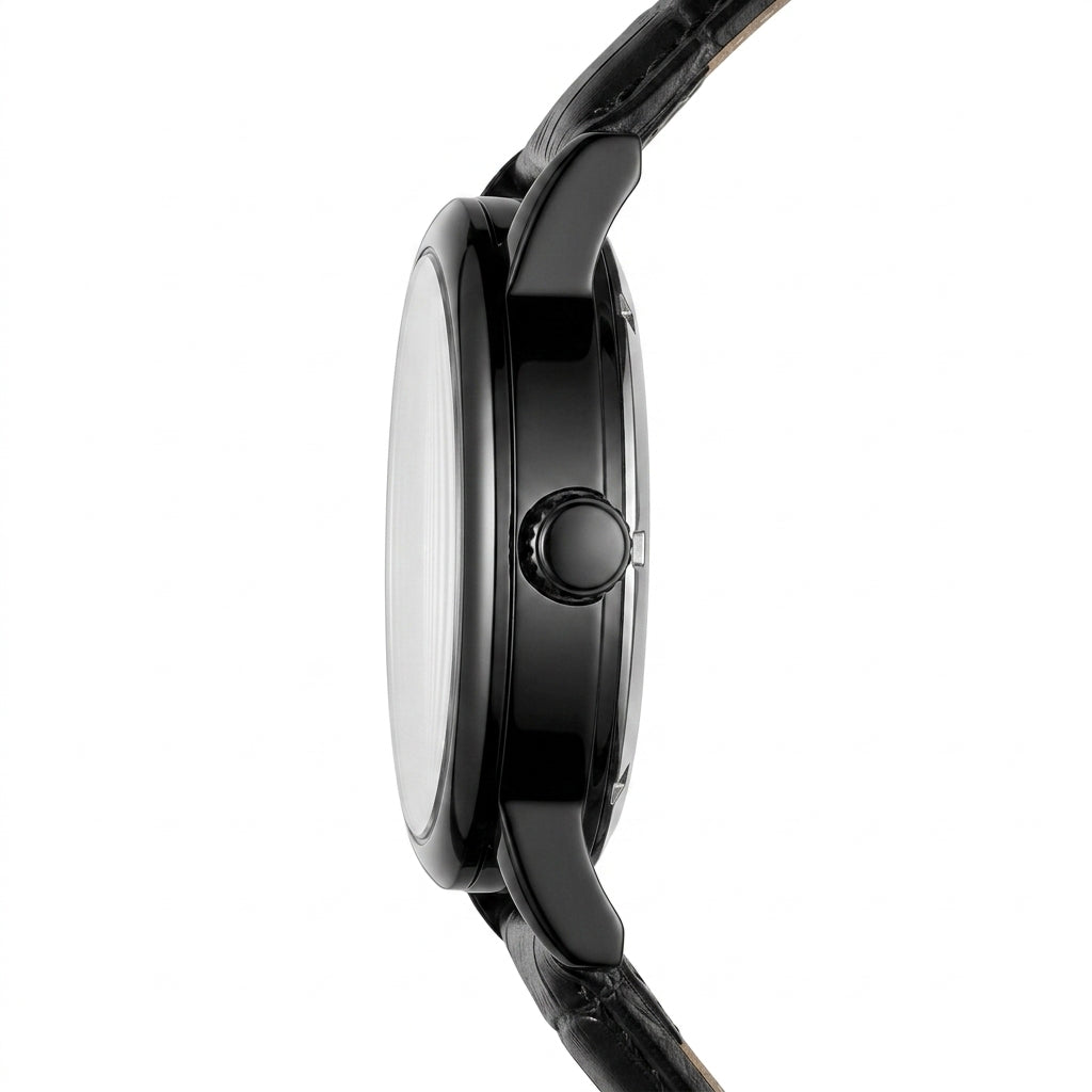 Close-up of a black wristwatch on a white background