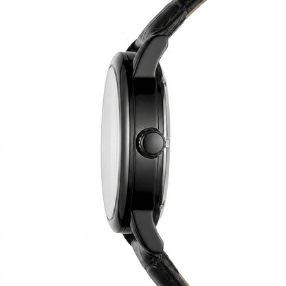 Close-up of a black wristwatch on a white background