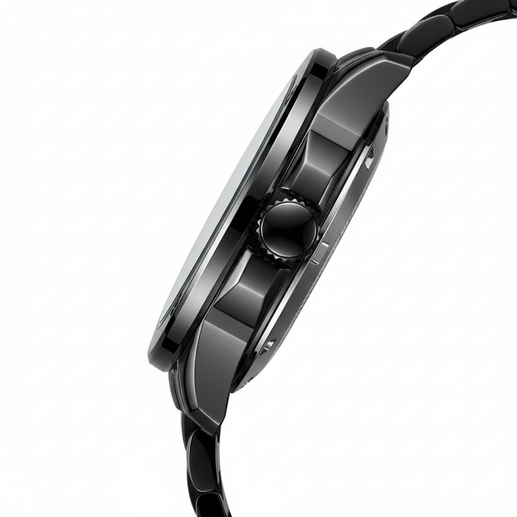Close-up of a black wristwatch on a white background