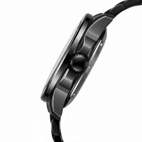 Close-up of a black wristwatch on a white background