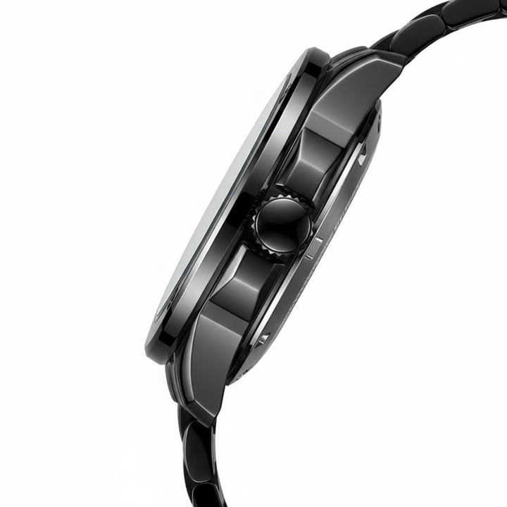 Close-up of a black wristwatch on a white background