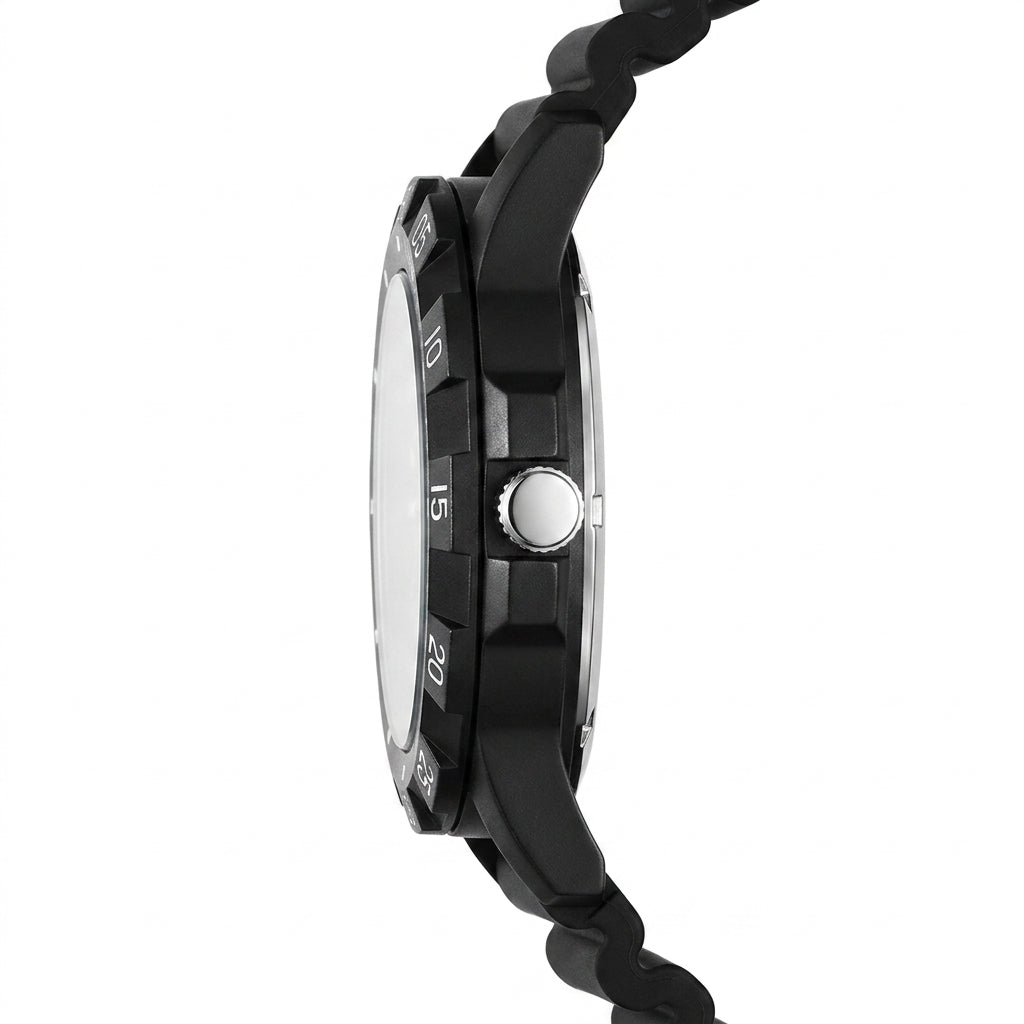 Close-up of a black wristwatch with a braided strap on a white background