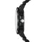 Close-up of a black wristwatch with a braided strap on a white background