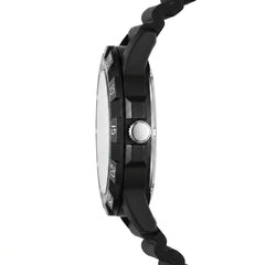 Close-up of a black wristwatch with a braided strap on a white background