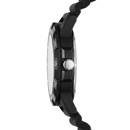 Close-up of a black wristwatch with a braided strap on a white background