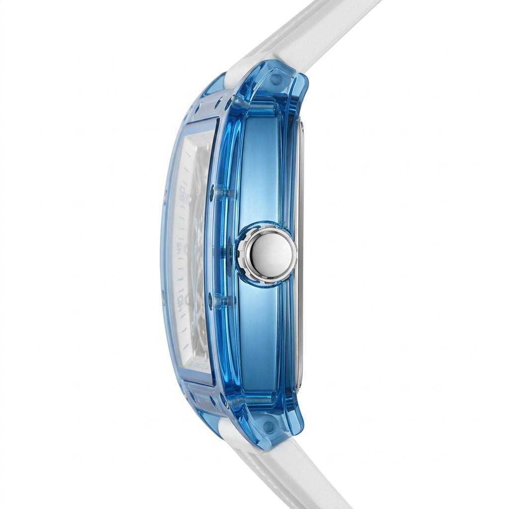 Close-up of a blue watch with a white strap on a white background