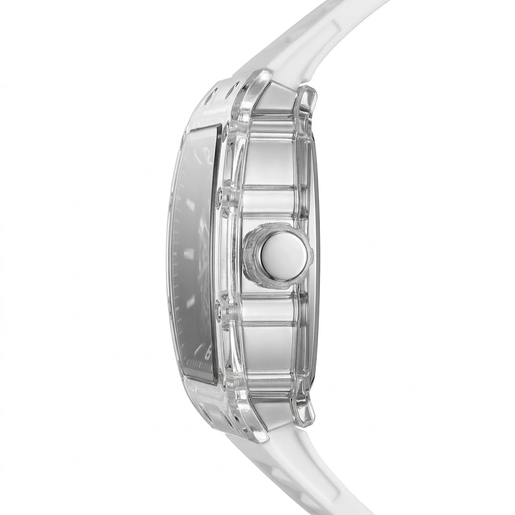 Close-up of a clear wristwatch with a white strap on a white background