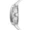 Close-up of a clear wristwatch with a white strap on a white background