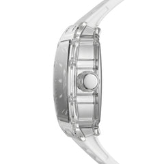 Close-up of a clear wristwatch with a white strap on a white background