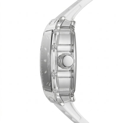 Close-up of a clear wristwatch with a white strap on a white background