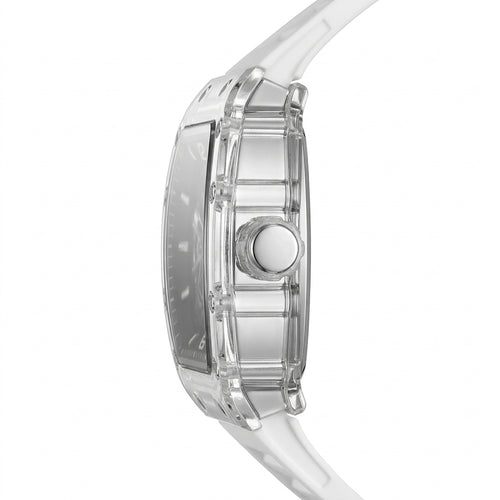 Close-up of a clear wristwatch with a white strap on a white background
